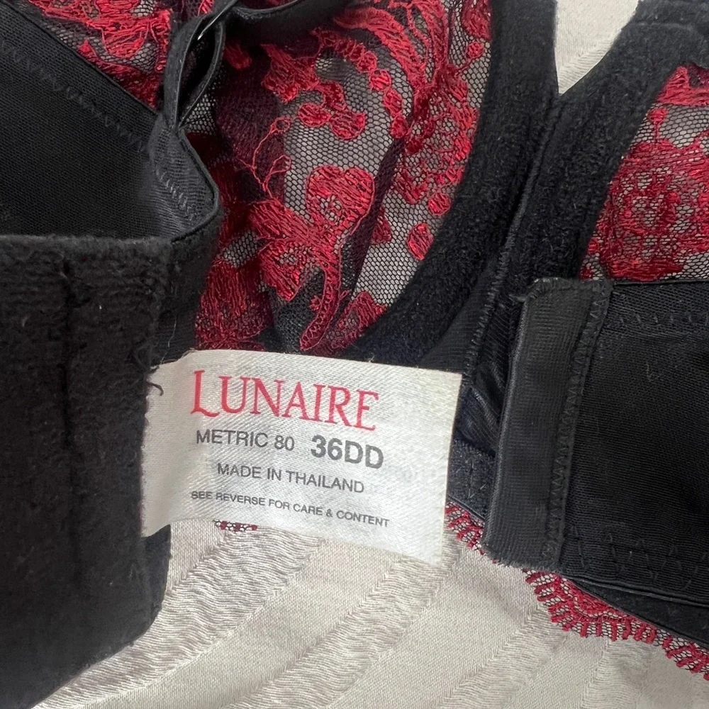 Lunaire 36 DD Lace Embroidered Bra Luxurious Red Burgundy and Black‎ Underwire